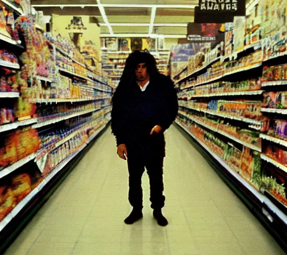 Image similar to low angle photography, maori warrior in a grocery store, deep focus, elegant, highly detailed, polaroid 6 0 0, matte, sharp focus, art by nan goldin, cinematographyby jom jarmusch