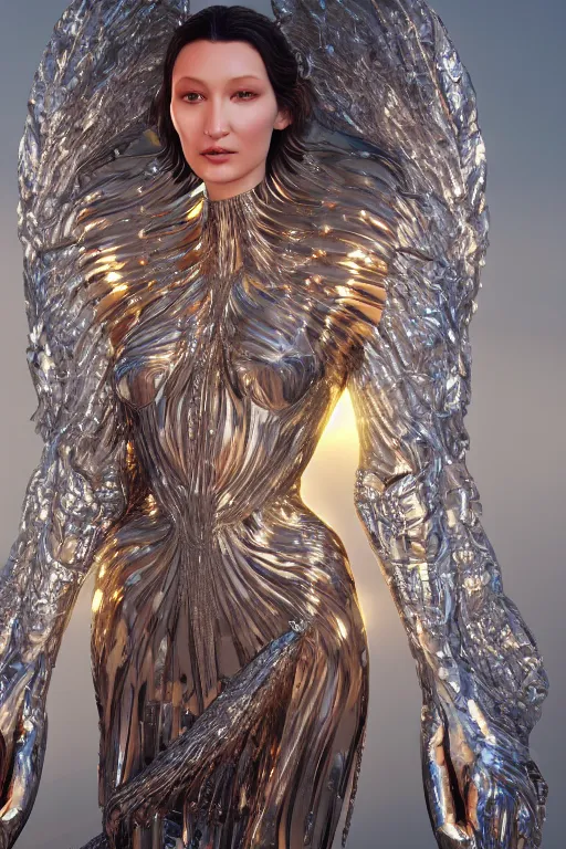 Prompt: a highly detailed 4 k portrait render of a beautiful angel alien goddess bella hadid in iris van herpen dress schiaparelli in diamonds in style of alphonse mucha trending on artstation made in unreal engine 4