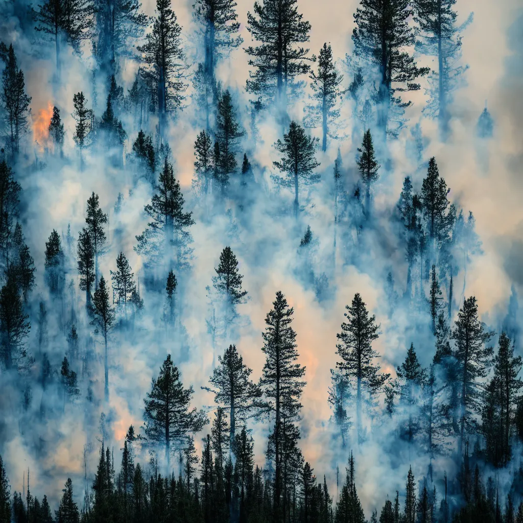 Prompt: Professional photography with long exposure, fire in the forest, small dust particles and smoke, fir trees, taiga romance, Canon, Nikon