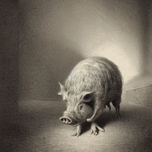 Image similar to detailed portrait of a creepy pig in a tuxedo, dramatic light, Chiaroscuro, dark, illustration by Paul Gustave Doré