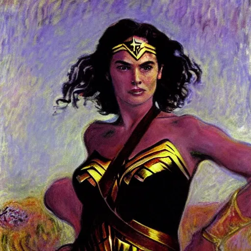 Prompt: Portrait photograph of Gal Godot as Wonder Woman by Claude Monet