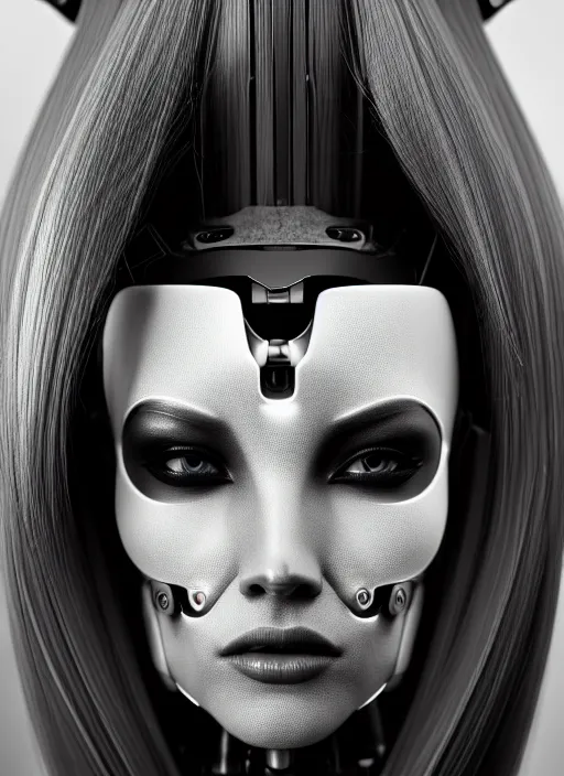 Image similar to a stunning young female cyborg profile face, face is made intricate tribal bio - mechanical, bw, unreal engine, glamor shot, nikon d 7 5 0, closeup, f / 2. 8, low contrast, 1 6 k, rim lighting, optical fiber, cinematic lighting, insanely detailed and intricate, hypermaximalist, elegant, ornate, hyper realistic,