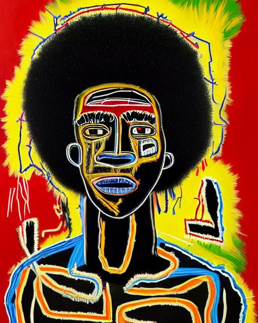 Image similar to A extremely ultra highly detailed majestic hi-res beautiful immaculate head and shoulders award winning painting stunning masterpiece of the face of a strong black african warrior man with an afro by Jean-Michel Basquiat, 8k, high textures, ultra hyper sharp, insanely detailed and intricate, super detailed, 8k HDR ultra high quality