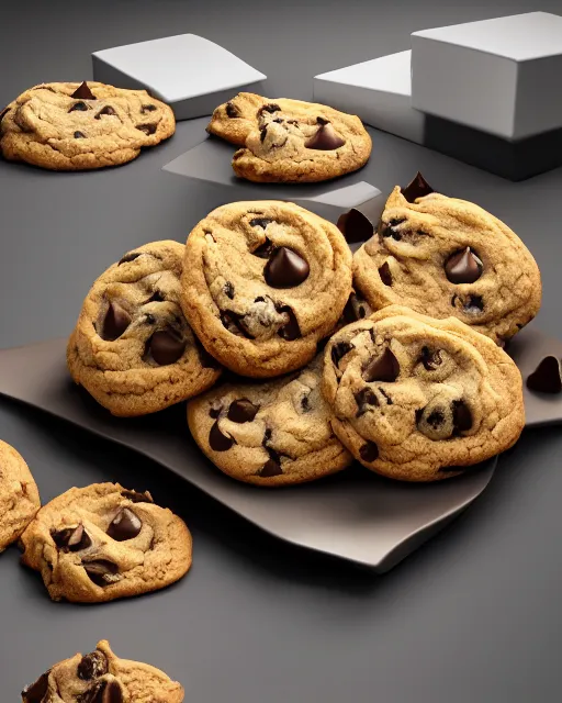 Image similar to plate full of several freshly baked chocolate chip cookies, delicious, glistening, chocolate sauce, highly detailed, award winning photography octane render