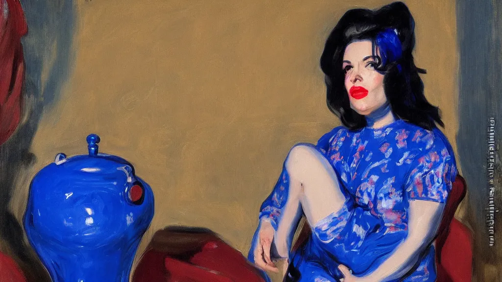 Image similar to portrait of rebekah delrio in mulholland drive, big persian blue pot, blue and red lights painted by john singer sargent