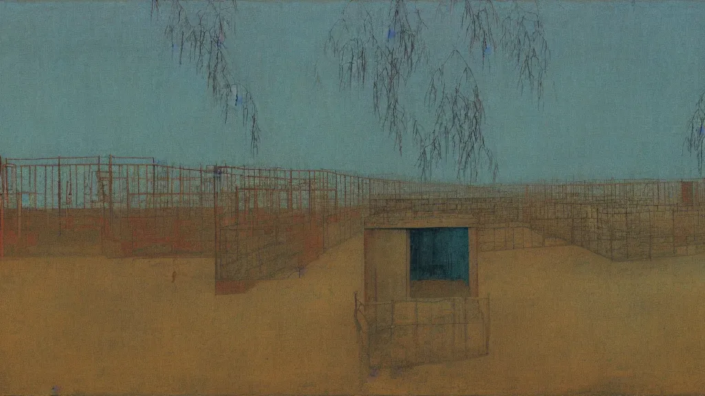 Image similar to a chinese prison near a river by peter doig, muted colors