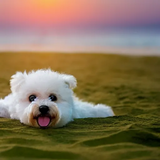 Prompt: a closeup photorealistic photograph of a cute smiling tiger bichon puppy laying out at the beach during sunset. professional capture, well lit shot. this 4 k hd image is trending on artstation, featured on behance, well - rendered, extra crisp, features intricate detail, epic composition and the style of unreal engine.