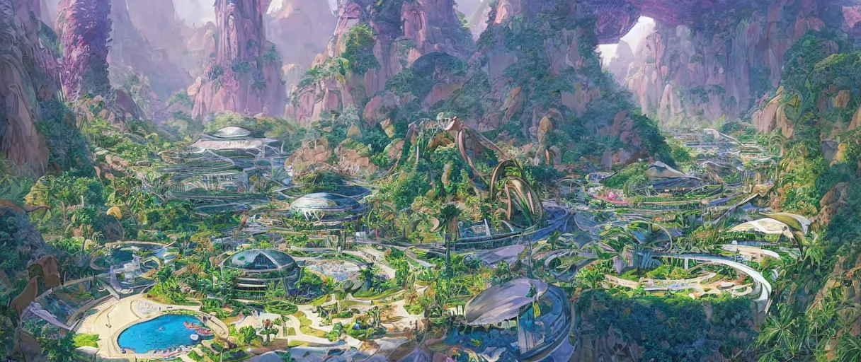 Prompt: A beautiful illustration of a domed retro futuristic garden city built across a massive river canyon on a tropical world by Robert McCall | sparth:.2 | Time white:.2 | Rodney Matthews:.2 | Graphic Novel, Visual Novel, Colored Pencil, Comic Book:.2 | unreal engine:.6 | first person perspective:.6 | establishing shot:.7