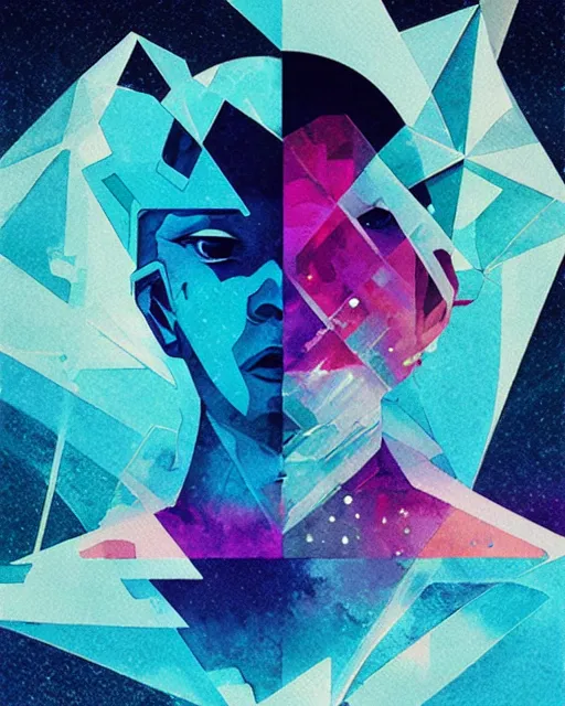 Image similar to vaporwave water smoke portrait, shattering acrylic geometric watercolor art by victo ngai and artgerm