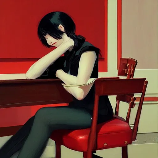 Prompt: oil painting by ilya kuvshinov, conrad roset, coby whitmore, of a youthful japanese beauty sitting on antique chair leaning against a desk, sideview, victorian room