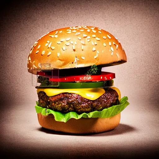 Prompt: the most unappetizing hamburger you can imagine, professional food photography, very detailed, studio lighting