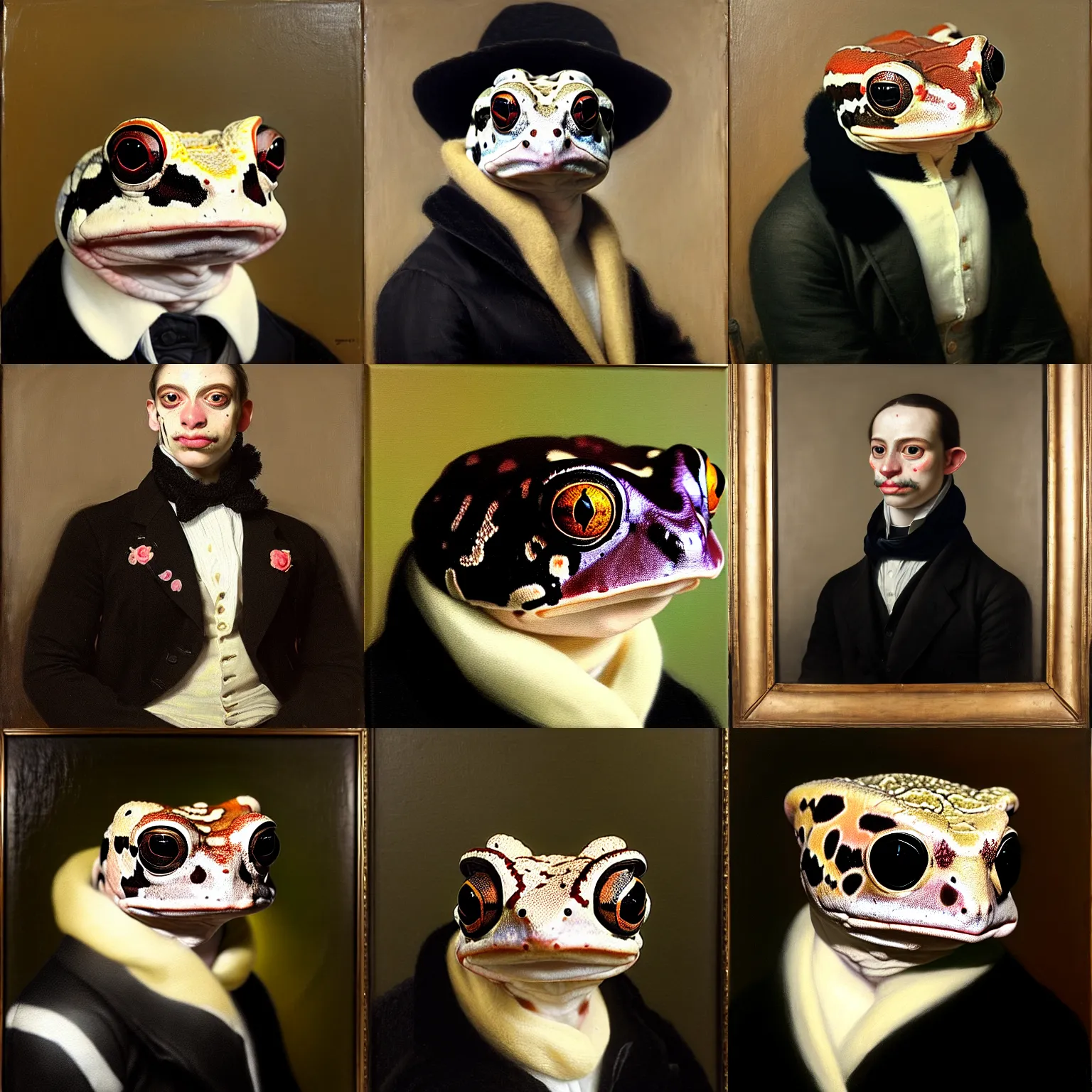 Prompt: a head - and - shoulders portrait of an amazon milk frog wearing a black buttoned jacket with a white scarf, an american romanticism painting, a portrait painting, cgsociety, soft focus, oil on canvas
