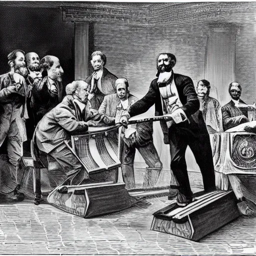 Prompt: karl marx fighting donald trump on marimbas. black and white high contrast