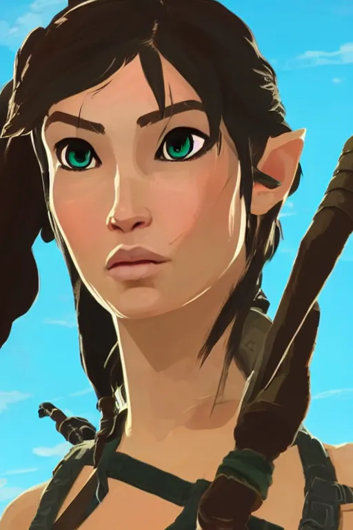 Image similar to an in game portrait of lara croft from the legend of zelda breath of the wild, breath of the wild art style.