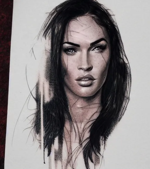 Prompt: realism tattoo sketch of a megan fox face double exposure mountain scenery, in the style of matteo pasqualin, amazing detail, sharp, faded