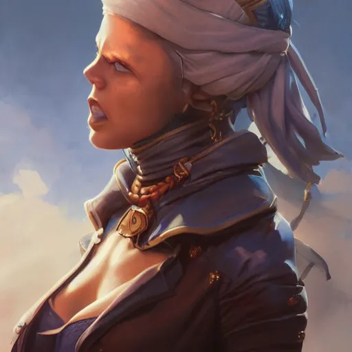 Image similar to Female pirate captain with blue skin, 4k oil on linen by wlop, artgerm, andrei riabovitchev, nuri iyem, james gurney, james jean, greg rutkowski, highly detailed, soft lighting 8k resolution