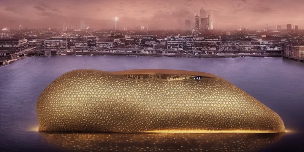 Prompt: An epic architectural rendering of a blob shaped trypophobia house with a mysterious red glow emitting from inside in a modern cityscape next to a river, hamburg elbphilharmonie, stunning, gorgeous, golden ratio, photorealistic, featured on artstation, 4k resolution