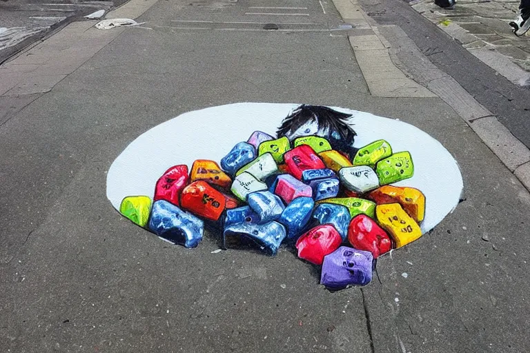 Prompt: artist makes incredible painting on top of littered chewing gum