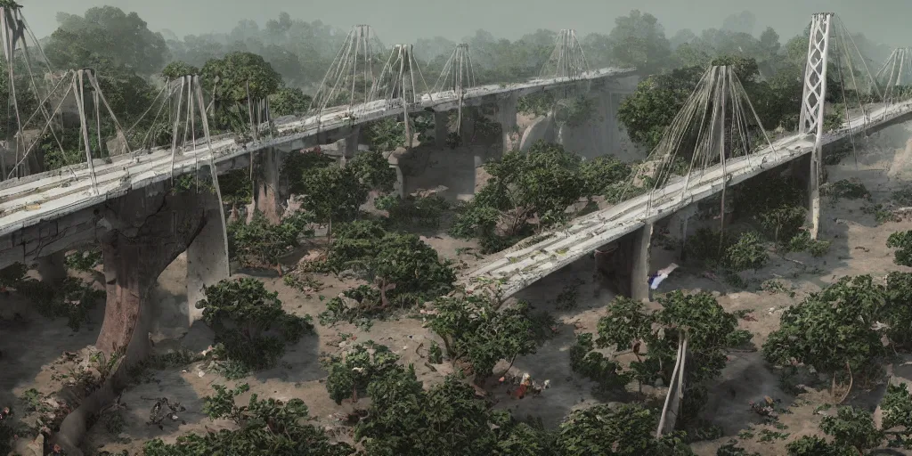 Prompt: a big bridge destroyed by cotton plants, 3 d octane render, epic lighting, 8 k, by goro fujita