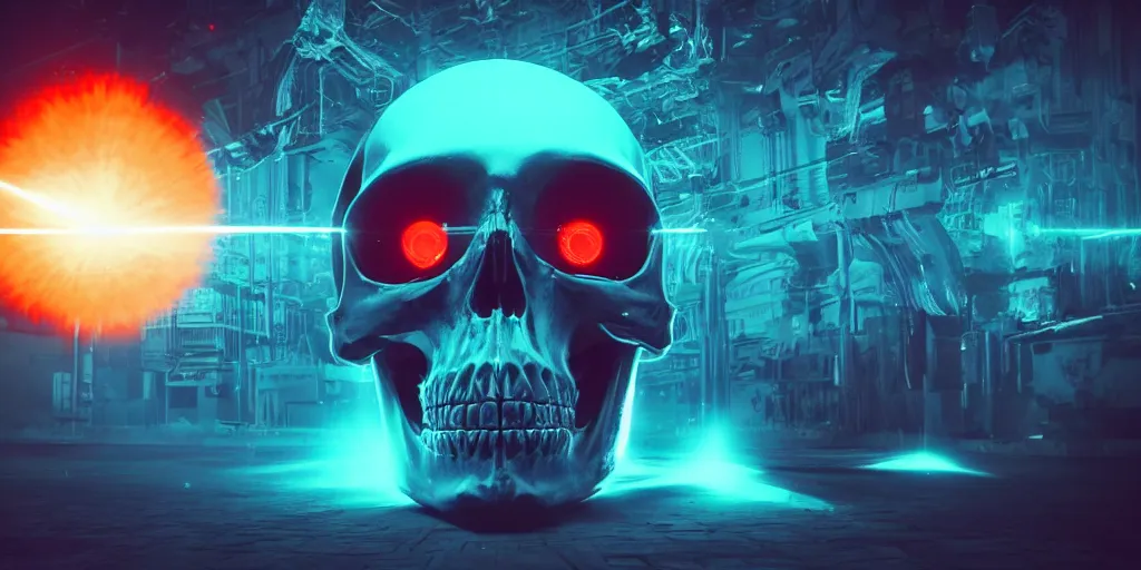 Image similar to a huge skull with laser blast, in the style of Beeple, cinematic, 4K