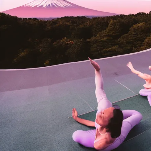 Image similar to two people doing yoga, on a ledge overlooking Mount Fuji - light pink coloring, 8k render octane,