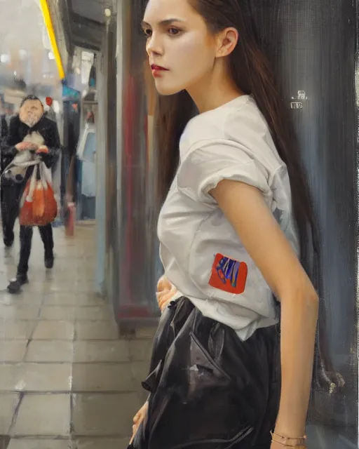 Image similar to a ultradetailed beautiful panting of a stylish woman standing next to a convenience store, she is wearing streetwear, highly detailed face, oil painting, half body painting, by ruan jia