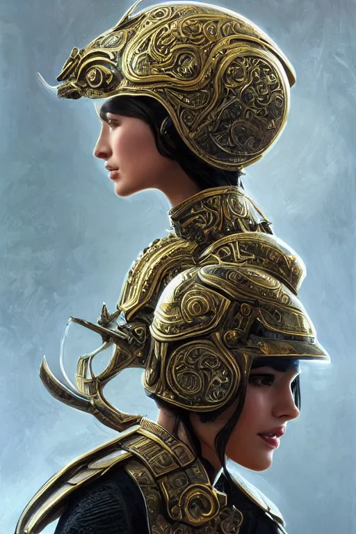 Prompt: attractive young female wearing an ornate metallic helmet, clothed in battle armor, olive skin, long dark hair, beautiful bone structure, symmetrical facial features, intricate, elegant, highly detailed, digital painting, trending on Artstation, concept art, smooth, sharp focus, illustration, art by artgerm and greg rutkowski and alphonse mucha