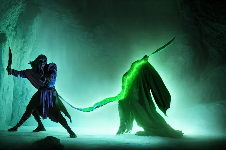 Image similar to vfx film, soul reaver, raziel irl, price of persia movie, missing jaw, hero pose, devouring magic souls, scarf, glowing green soul blade, in epic ancient sacred huge cave temple, flat color profile low - key lighting award winning photography arri alexa cinematography, hyper real photorealistic cinematic beautiful, atmospheric cool colorgrade