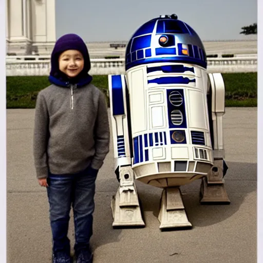 Image similar to portrait of r 2 - d 2 and c 3 p 0 in front of the whitehouse