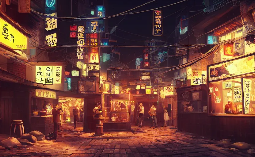 Prompt: a small cozy hole in the wall ramen restaurant nestled in a busy street of a bustling thriving cyberpunk city at night, trending on cgsociety, unreal engine, 4 k wallpaper