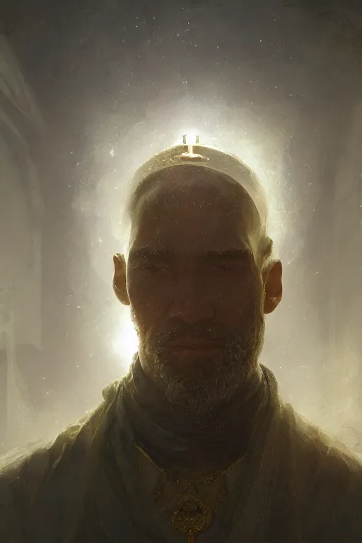 Image similar to Atlantis priest, close-up portrait, devoted, intricate, elegant, volumetric lighting, scenery, digital painting, highly detailed, artstation, sharp focus, illustration, concept art,ruan jia, steve mccurry