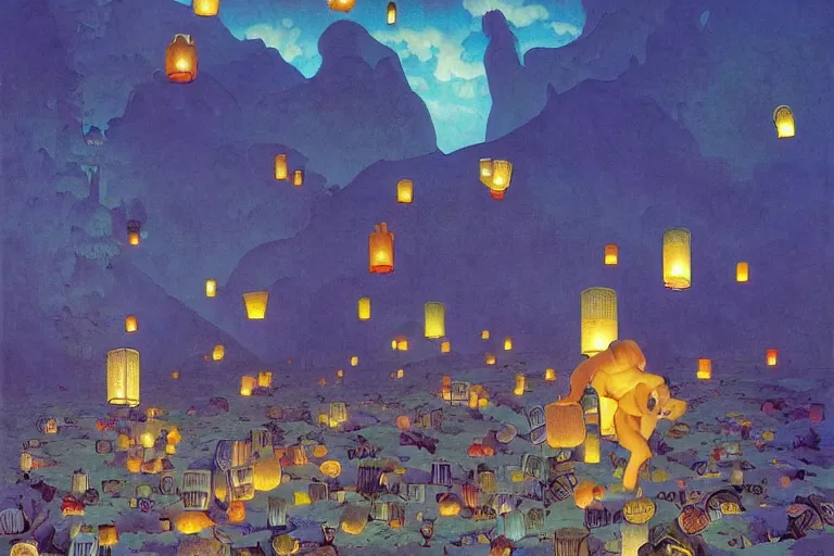 Prompt: a surreal fantasy landscape made of giant books, lanterns, papers, quills and ink bottles, digital painting by maxfield parrish and michael whelan, photorealistic