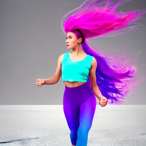 Image similar to a award winning full body shot of a beautiful woman in a croptop and leggings with a ombre purple pink teal hairstyle with head in motion and hair flying, outrun, vaporware, highly detailed, fine detail, intricate