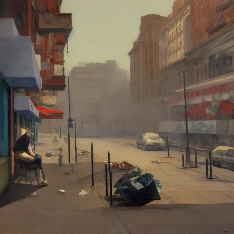 Image similar to trash flowing everywhere, piles of trash, fog, early morning, , painted by Edward Hopper, painted by Wayne Barlow, airbrush