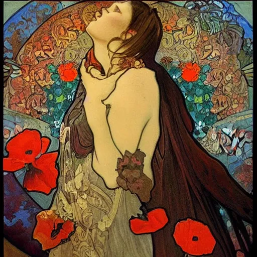 Prompt: a masterpiece painting by alfons mucha exposed at the louvre : black cat taking the sun in a poppy field with a red sunset in the background