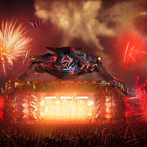 Image similar to outdoor epic festifal mainstage trash hybrid defqon 1 festival light beam lasers, firework, flamethrower, co2, crowd, octane render, 3d, unreal engine, highly detailed, 4k, 8k, HD