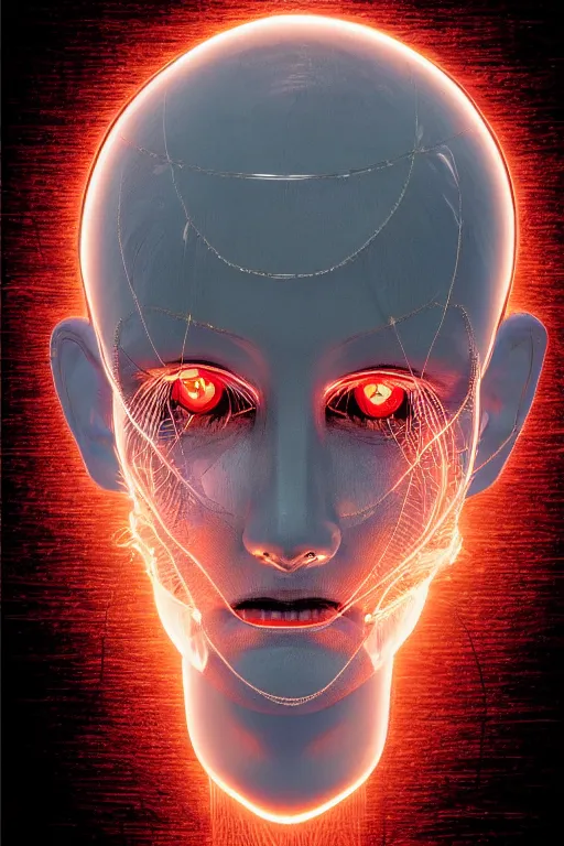 Image similar to organic cyborg head wrapped in barb wire by Hajime Sorayama and Jamie Coreth, trending on artstation, centered, symmetrical, cinematic lighting, electric hair, bilateral symmetry, 80s poster, polished, thick smoke, retro dark vintage sci-fi, 2D matte illustration