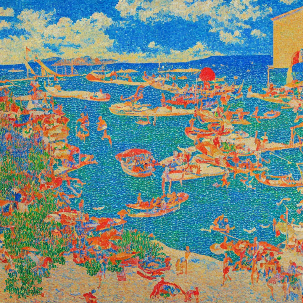 Image similar to acrylic paint impasto reliefs, happy italian beach scene, an artwork by charles w. bartlett and jackson pollack and colin campbell cooper and signac