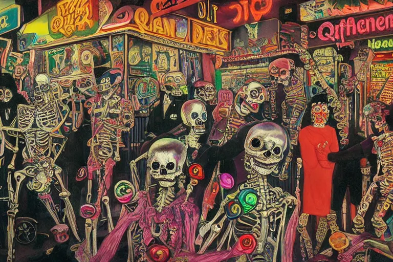 Image similar to scene from amusement arcade, day of the dead, cyber skeletons, queen in black silk in the center, neon painting by otto dix