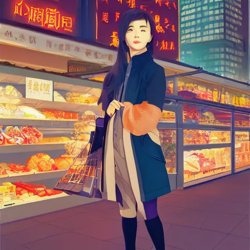 Prompt: a beautiful chinese woman in a down jacket with a grocery store in the background ambient lighting, 4 k, lois van baarle, ilya kuvshinov, rossdraws, alphonse mucha, jung gi kim, artstation