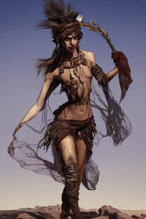 Image similar to a full body portrait of a beautiful post apocalyptic offworld desert bedouin thief savage rogue in beggars clothes in ballet pose by the emerald oasis pools, intricate, elegant, highly detailed, digital painting, artstation, concept art, smooth, sharp focus, illustration, art by krenz cushart and artem demura and alphonse mucha