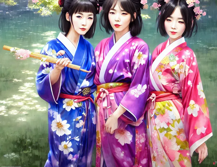 Image similar to two beautiful fashion taiwan girls wear fantasy yukata in festival | | big eyes, sunny, dreamlike art, realistic shaded, smile, good looking, fine details, 4 k realistic, cryengine, realistic shaded lighting poster by greg rutkowski, magali villeneuve, artgerm, jeremy lipkin and michael garmash and rob rey