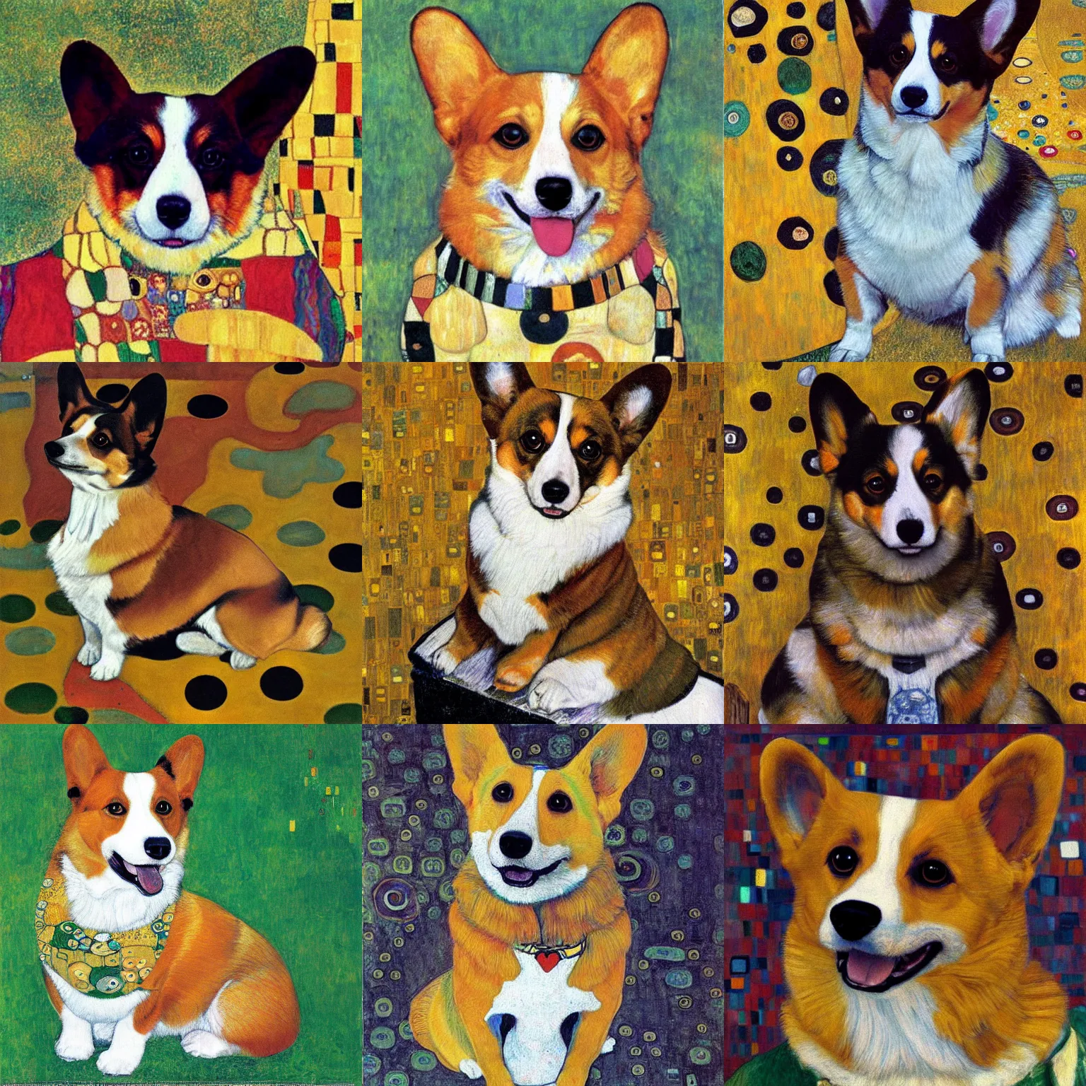 Prompt: a portrait of a corgi painted by gustav klimt