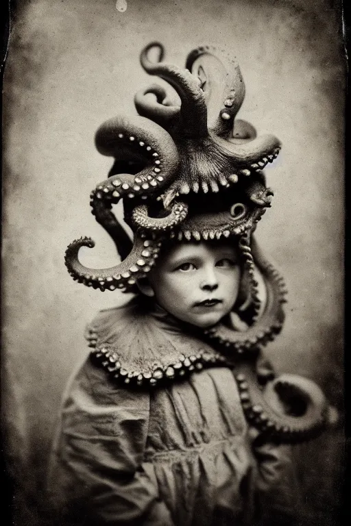 Image similar to wet plate photograph portrait of victorian octopus child with an octopus head, dressed in a victorian - era clothing, head is an octopus, dramatic lighting, highly detailed, smooth, sharp focus