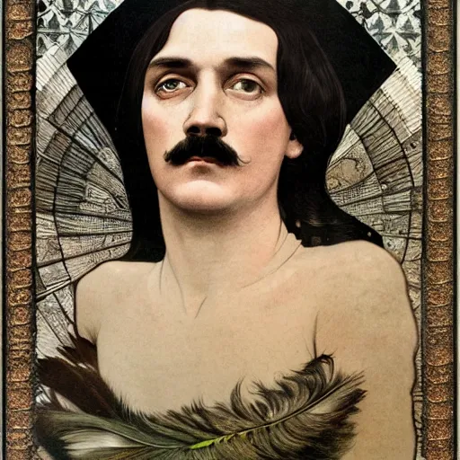 Prompt: highly detailed portrait of adolf hitler as a beautiful cute girl with feathers, endless black hair, with pale skin, fibonacci, fragile, sitted on an intricate stone throne by alphonse mucha, nicola samuri, dino valls, m. w. kaluta, rule of thirds, seductive look, 4 k resolution