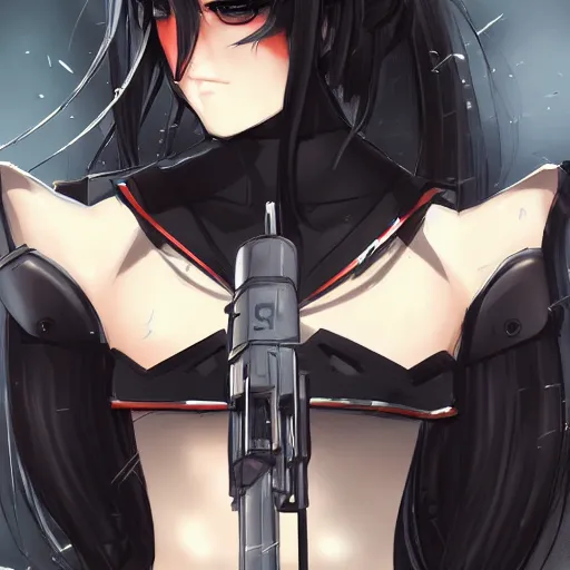 Image similar to upper body portrait of a beautiful girl with long black hair, wearing black riot gear, holding AR-15, drawn by WLOP, by Avetetsuya Studios, attractive character, colored sketch anime manga panel, trending on Artstation