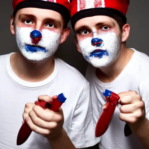 Prompt: mid-shot portrait photograph of two male British chav youths holding knives, with white powder on their faces, wearing the Union Jack, and wearing fez caps, high quality