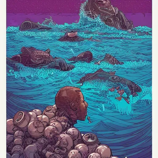 Image similar to sea full of crap been eaten from a big head, by josan gonzales and Dan Mumford