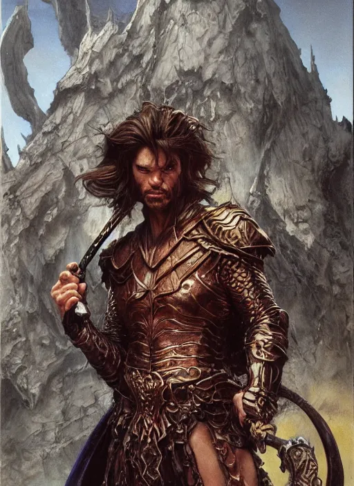 Image similar to a detailed paintbrush portrait of a male fantasy character, art by donato giancola and bayard wu and gustav moreau and wayne barlowe, rpg portrait, conan, krull, 8 0's fantasy movies, dungeons & dragons, d & d, artstation