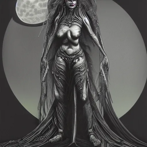 Image similar to concept art illustration of a freaky goddess with a dark moon in the far distance by HR giger, trending on artstation, 8k